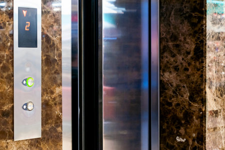 Elevator Button up and down direction. Screen with floor number. Elevator driving direction....