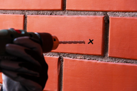 Drill with a drill on the background of a red brick wall. On the brick mark for drilling. DIY conceptの写真素材