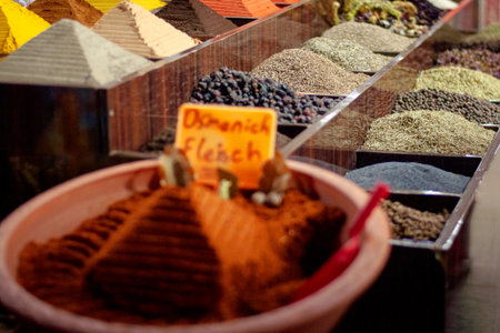 Multi-colored dried fruits and tea in the oriental bazaarの写真素材