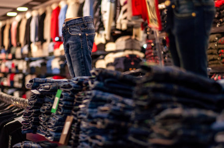 Jeans are stacked in piles in a store. Jeans are stacked on a shelf. Size rangeの写真素材