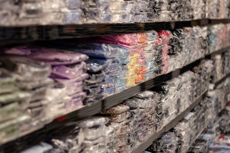 Piles of shirts on a shelf in a store. Market and wholesale.