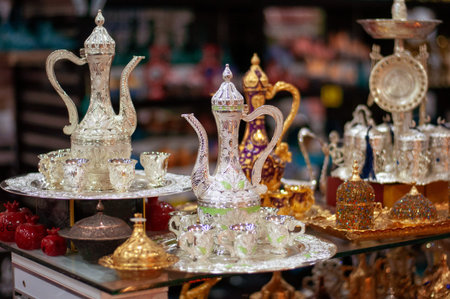 Silver tea set in an oriental gift shop. Tea ceremony