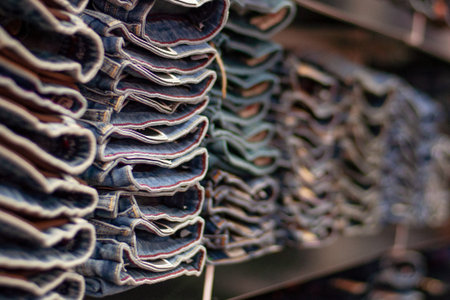 Jeans are stacked in piles in a store. Jeans are stacked on a shelf. Size rangeの写真素材