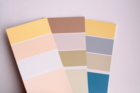 Color palette with various samples. Light background. Paint selection cards, close-upの写真素材