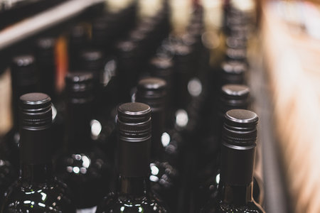 Wine Bottles. Selective focus. Wine storage. Showcase with wine. Presentation of wine in the tradeの写真素材