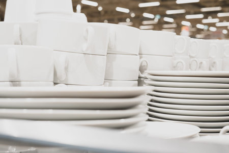 Piles of clean white dishes in the dining room. Food court in a shopping center, catering