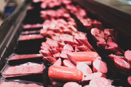 Sausage on a shop window. Presentation of sausages in the trade. Types of sausages and meat. Sausage cutting. Selective focusの写真素材