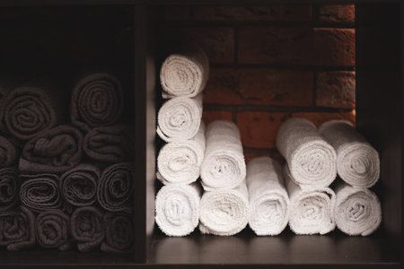 White towels folded into a roll. Brickwork in the background. Presentation of textiles. Rational use of space.の写真素材