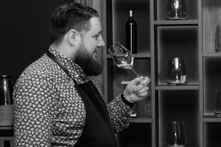 Sommelier, cavist. Training in school sommelier. Wine school. Wine tasting. Tinted.の写真素材