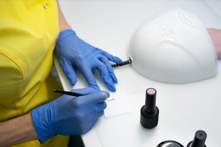 Nail care. Manicure in a manicure. the salon. The master works with nail polish. Protective gloves, hygieneの写真素材