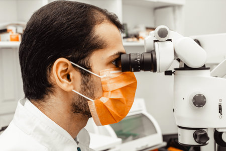 Young male dentist doctor at his workplace. Professional uniform and equipment of a dentist. Healthcare の写真素材
