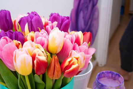 Flowers Floristics Bouquet of colorful tulips. Close upの写真素材