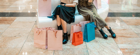 Girls are resting on the couch in the mall. Shopping, entertainment and leisure. Break in purchasesの写真素材