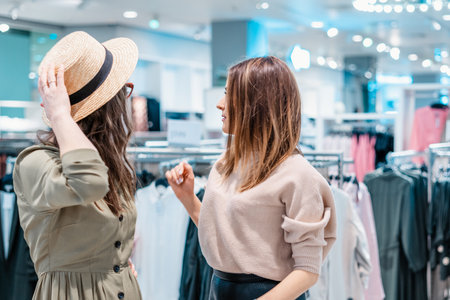 Trade, buyers. Two beautiful girls make purchases in a shopping center, go shopping. The joy of consumptionの写真素材