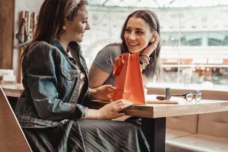 Trade, buyers. Two beautiful girls make purchases in a shopping center, go shopping. Gift for the holiday. The girl gives a gift to her friend. The joy of consumption.の写真素材