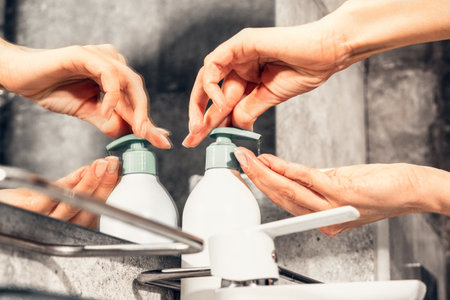 Coronavirus. Proper washing and handling of hands. Jar of liquid anti-bacterial soap. Self-isolation and hygieneの写真素材