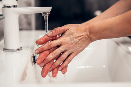 Coronavirus. Proper washing and handling of hands. Liquid antibacterial soap. Self-isolation and hygieneの写真素材