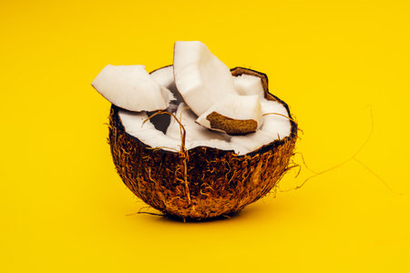 Parts of coconut on a colored background. Close up. Fresh ripe coconut broken into piecesの写真素材