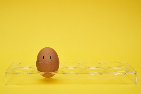 Chicken egg in an egg holder. Emotion and facial expression painted on eggsの写真素材