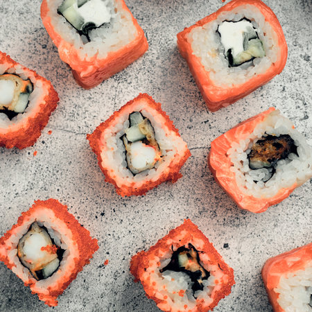 Traditional Japanese food, sushi and rolls. Ginger and wasabi, Chinese sticks.の写真素材