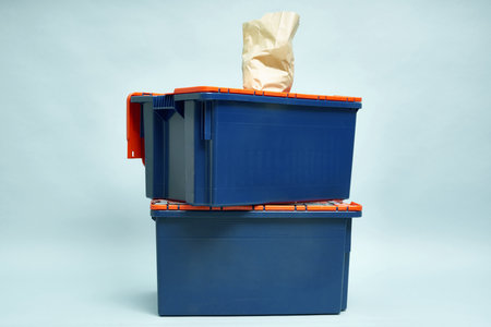 Plastic storage boxes. Boxes for the delivery of products. Orderly storageの写真素材