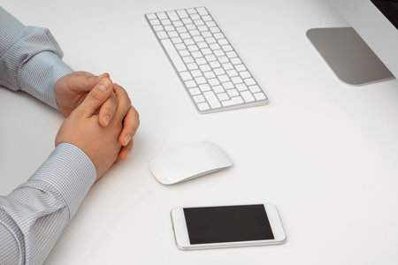 White keyboard and mouse. Remote work, self-isolation, work at home, quarantine.の写真素材