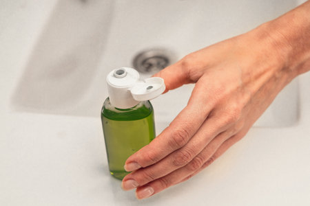 Coronavirus. Proper disinfection of hand treatment with alcohol gel. Self-isolation and hygiene.の写真素材