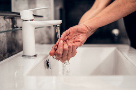 Coronavirus. Proper washing and handling of hands. Liquid antibacterial soap. Self-isolation and hygiene.の写真素材
