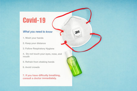Russia, Moscow - March 21, 2020: Coronavirus, Covid-19. How not to get infected, a reminder to inform the public, personal protective equipment. 3M maskの写真素材