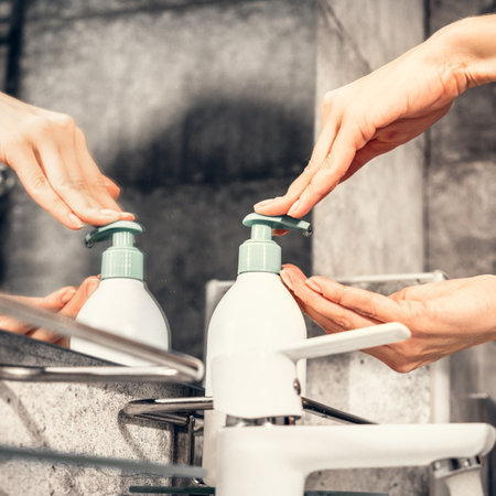 Coronavirus. Proper washing and handling of hands. Jar of liquid anti-bacterial soap. Self-isolation and hygiene.の写真素材