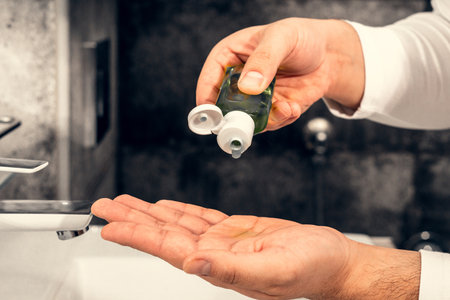 Coronavirus. Proper disinfection of hand treatment with alcohol gel. Self-isolation and hygiene.の写真素材