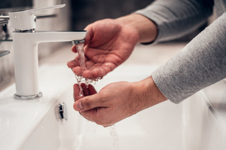 Coronavirus. Proper washing and handling of hands. Liquid antibacterial soap. Self-isolation and hygiene.の写真素材