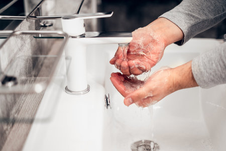 Coronavirus. Proper washing and handling of hands. Liquid antibacterial soap. Self-isolation and hygiene.の写真素材