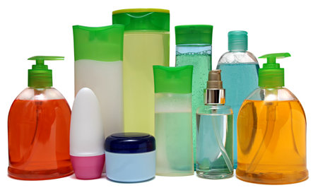 10 colored plastic bottles with liquid soap and shower gel isolated on white . Studio shooting. Set.の写真素材