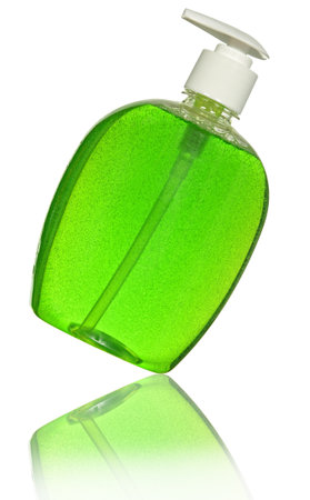 Plastic Bottle with green liquid soap on a white の写真素材
