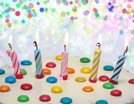 Cake With Burning Candles,  five multi-colored candles. の写真素材
