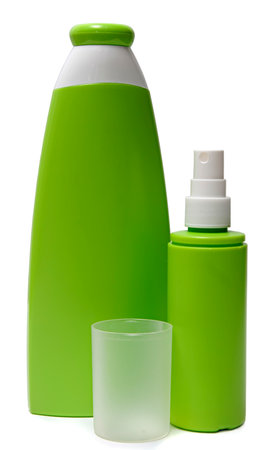 two green plastic bottlesの写真素材