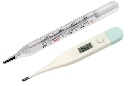 Two thermometers: mercury and electronic. Isolated on white background.の写真素材