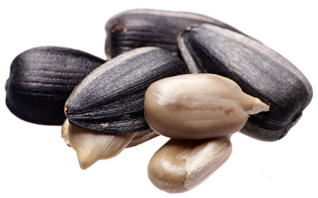 Roasted Sunflower Seeds, trimmed and not trimmed, isolated on white background. Macroの写真素材