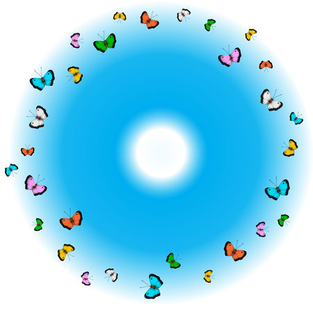 Multi-colored Butterflies turned against the sun and the blue sky.のイラスト素材
