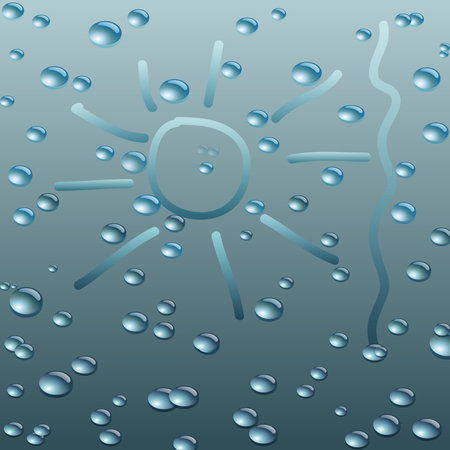 Wet Glass with raindrops. Vector illustration. Drawn water sun.sun.のイラスト素材