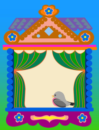 Window of the Russian traditional house tower with multi-colored to patterns. On a window the bird sits. A simple vector illustration.Place for your text.のイラスト素材