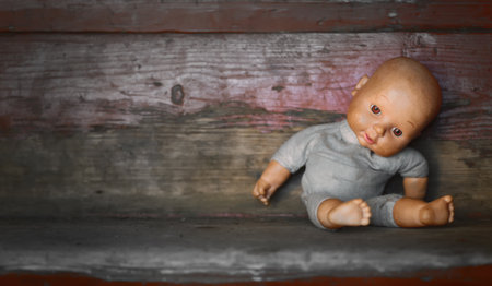 Old Doll. Concept: Abandoned Person. Close up an old broken dollの写真素材