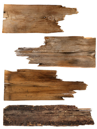 Four old wooden boards isolated on a white background. Old Wood plank, isolated on white backgroundの写真素材