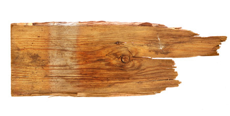 old wooden boards isolated on white background. close up of an empty wooden signの写真素材