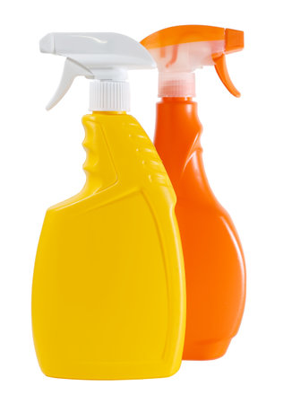 Plastic spray Bottle with Cleaner isolated on white backgroundの写真素材