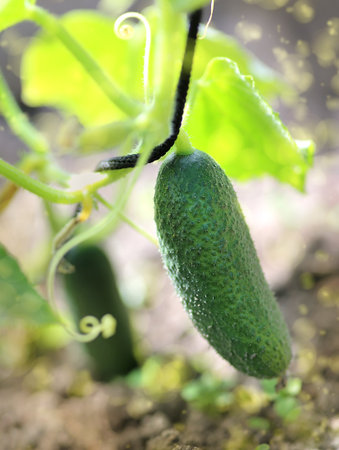 Young plant cucumber with yellow flowers. Juicy fresh cucumber close-up macro on a background of leavesの写真素材