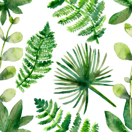 Watercolor hand painted nature pattern with green tropical leaves for designの写真素材