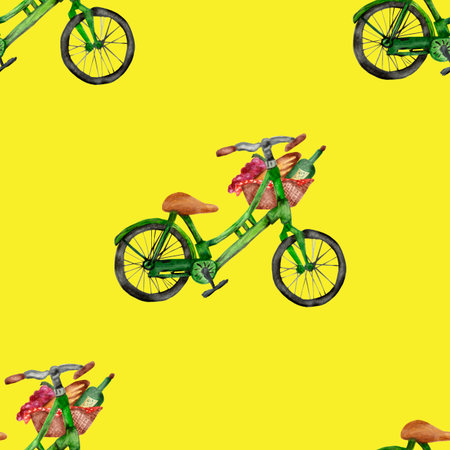 Watercolor seamless pattern, green bicycle with big picnic basket, isolated on yellow background. Bicycle, wine, bread, grapes. Tasty trip.の写真素材