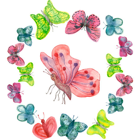 Watercolor pattern of bright colored butterflies isolated on a white background. Colorful seamless butterfly set, painted with watercolor paints, for beautiful design and decorationの写真素材